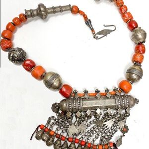 Vintage Antique Coral Silver Beads Amulet Early 1900s Tribal Yemeni Necklace